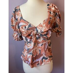 Nine West Rose Floral Cottage Core Crop Top Puff Sleeve Milk Maid Boho Large